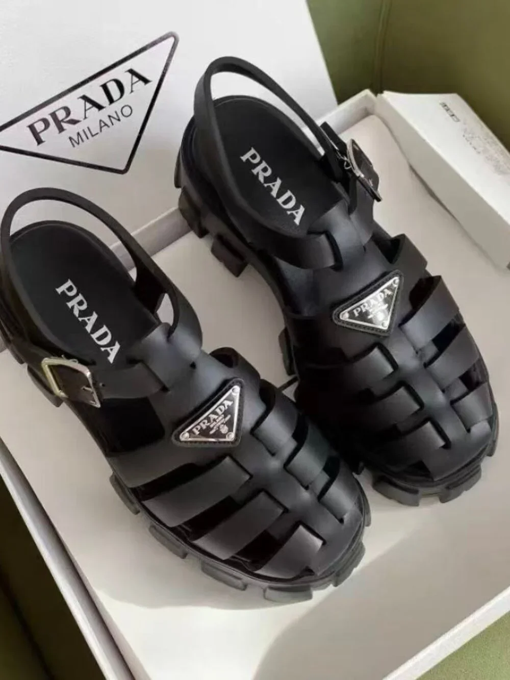 Prada Black Woven Lug Sole Slingback Sandals